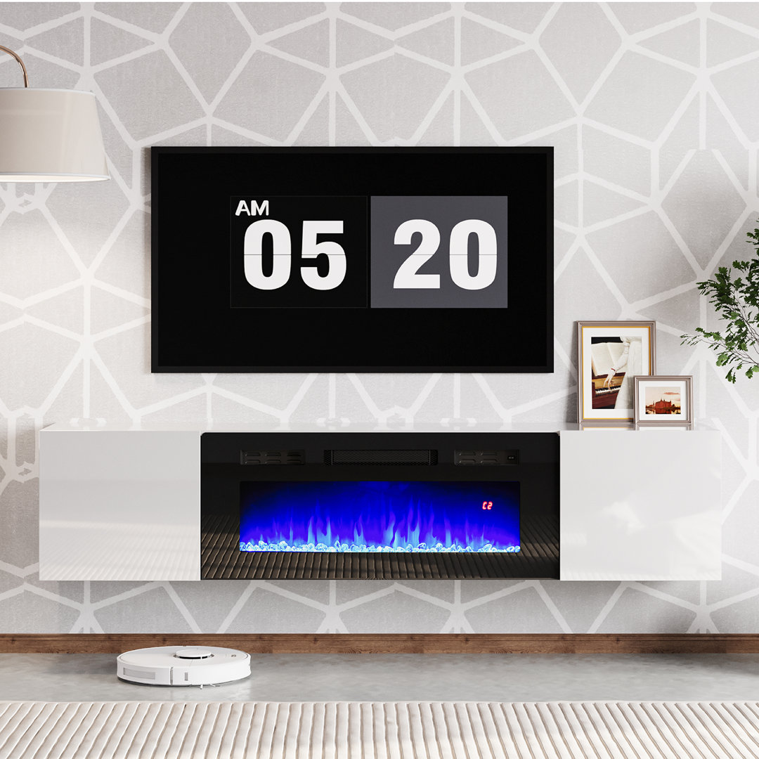 Bhhatu Highgloss Wall Mounted Floating Fireplace TV Stand